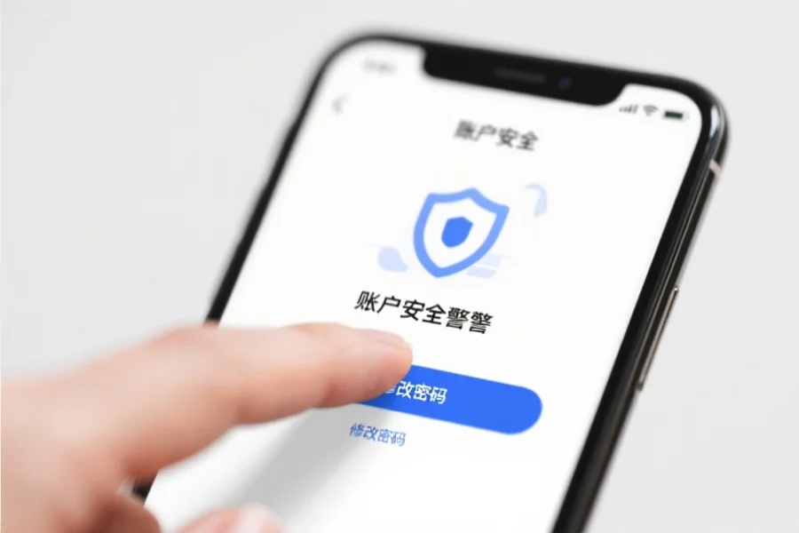手机屏幕上显示账户安全警告提示，用户正在点击“修改密码”按钮，背景简洁，突出安全氛围