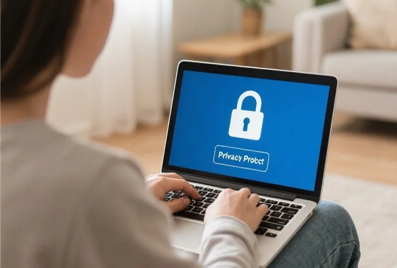 一位用户在家中安心使用笔记本电脑，屏幕上显示隐私保护的锁形图标
