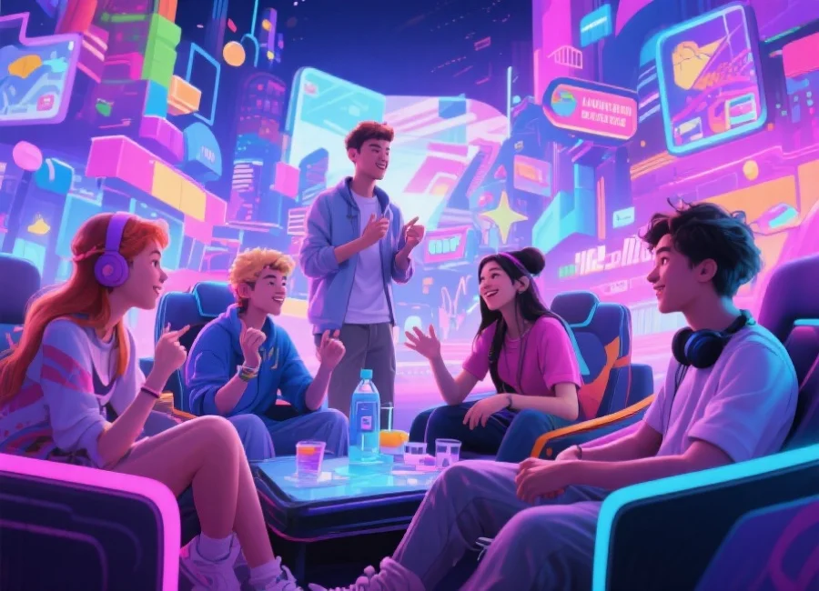 一群年轻人在虚拟游戏社区中交流互动，背景为炫彩游戏世界，氛围活跃愉快