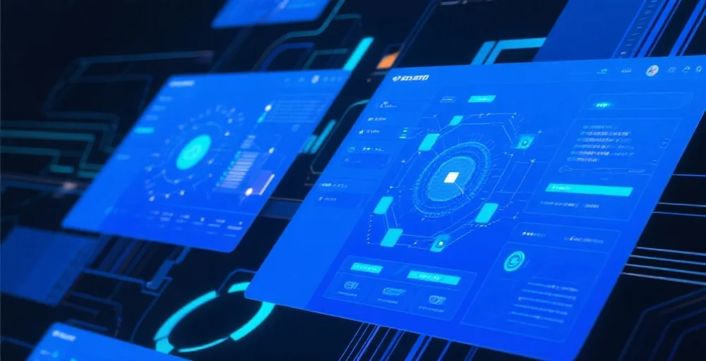 抽象表现形式展现数字化科技与在线娱乐平台创新，蓝色调，带有未来感的界面元素