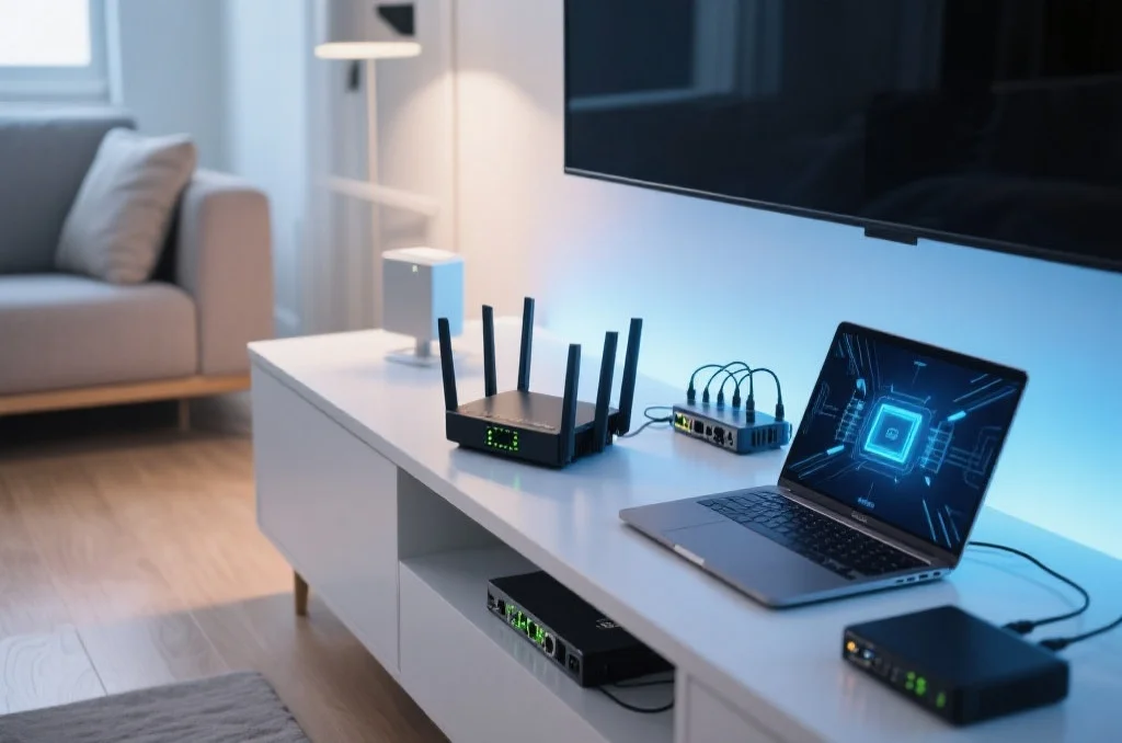 现代家庭中的高速路由器正在工作,旁边放着一台笔记本电脑和一些网络设备,整体环境整洁、科技感强烈